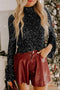 Sequin Mock Neck Drape Open Back Bell Sleeve Lined Top